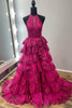 Load image into Gallery viewer, Sparkly Fuchsia Halter Tiered Long Corset Prom Dress with Slit