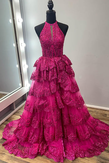 Sparkly Fuchsia Halter Tiered Long Corset Prom Dress with Slit