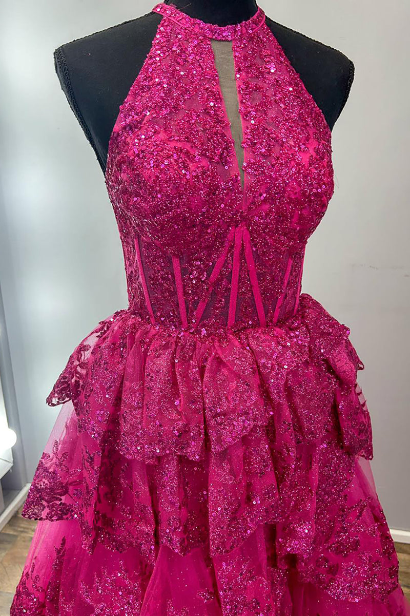 Load image into Gallery viewer, Sparkly Fuchsia Halter Tiered Long Corset Prom Dress with Slit