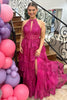 Load image into Gallery viewer, Sparkly Fuchsia Halter Tiered Long Corset Prom Dress with Slit