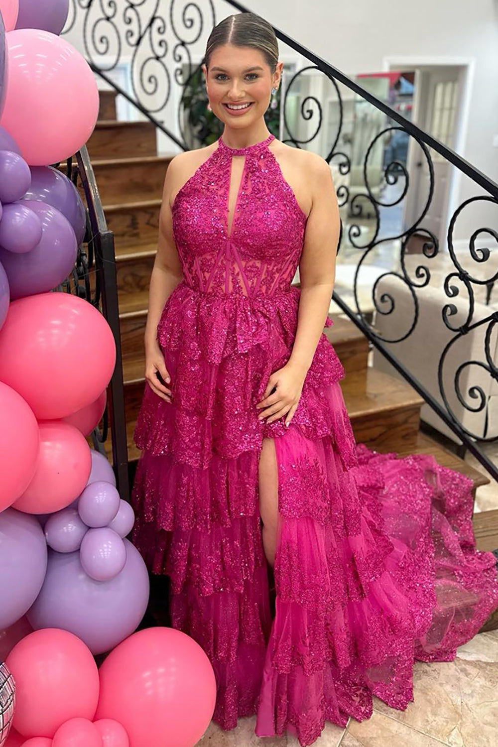 Sparkly Fuchsia Halter Tiered Long Corset Prom Dress with Slit