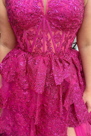 Sparkly Fuchsia Halter Tiered Long Corset Prom Dress with Slit