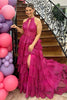 Load image into Gallery viewer, Sparkly Fuchsia Halter Tiered Long Corset Prom Dress with Slit