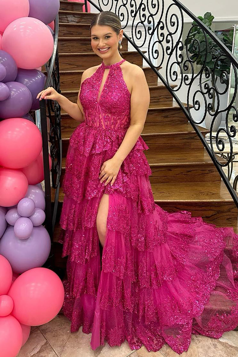 Load image into Gallery viewer, Sparkly Fuchsia Halter Tiered Long Corset Prom Dress with Slit