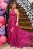 Load image into Gallery viewer, Sparkly Fuchsia Halter Tiered Long Corset Prom Dress with Slit