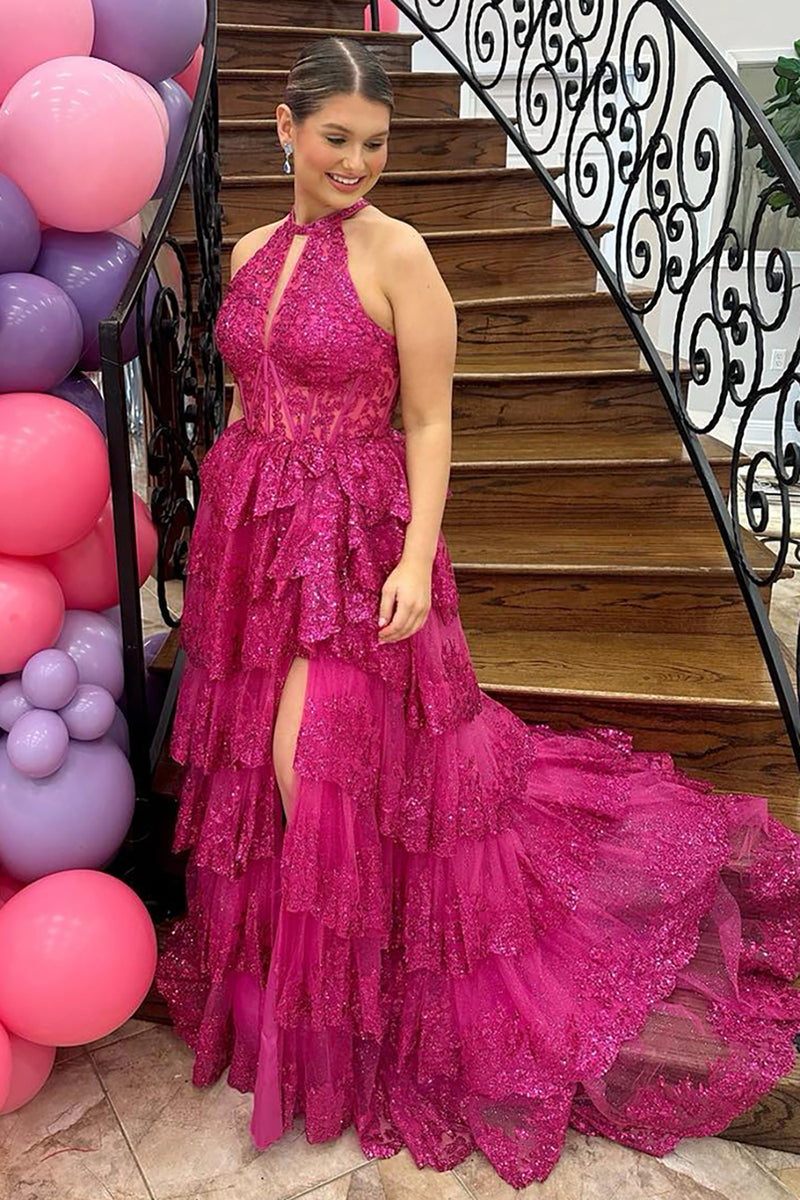 Load image into Gallery viewer, Sparkly Fuchsia Halter Tiered Long Corset Prom Dress with Slit