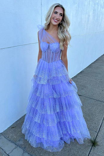 Sparkly Lilac A Line Tiered One Shoulder Long Corset Prom Dress