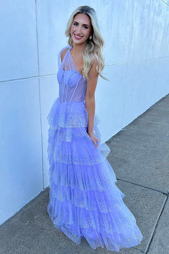 Sparkly Lilac A Line Tiered One Shoulder Long Corset Prom Dress