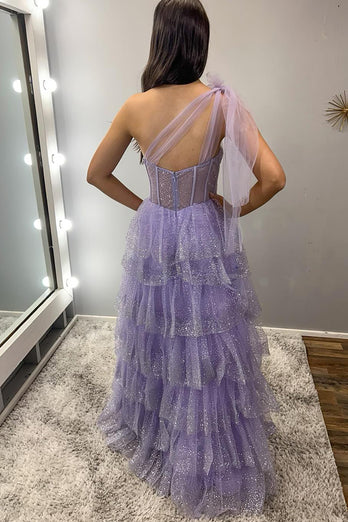 Sparkly Lilac A Line Tiered One Shoulder Long Corset Prom Dress