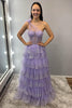 Load image into Gallery viewer, Sparkly Lilac A Line Tiered One Shoulder Long Corset Prom Dress