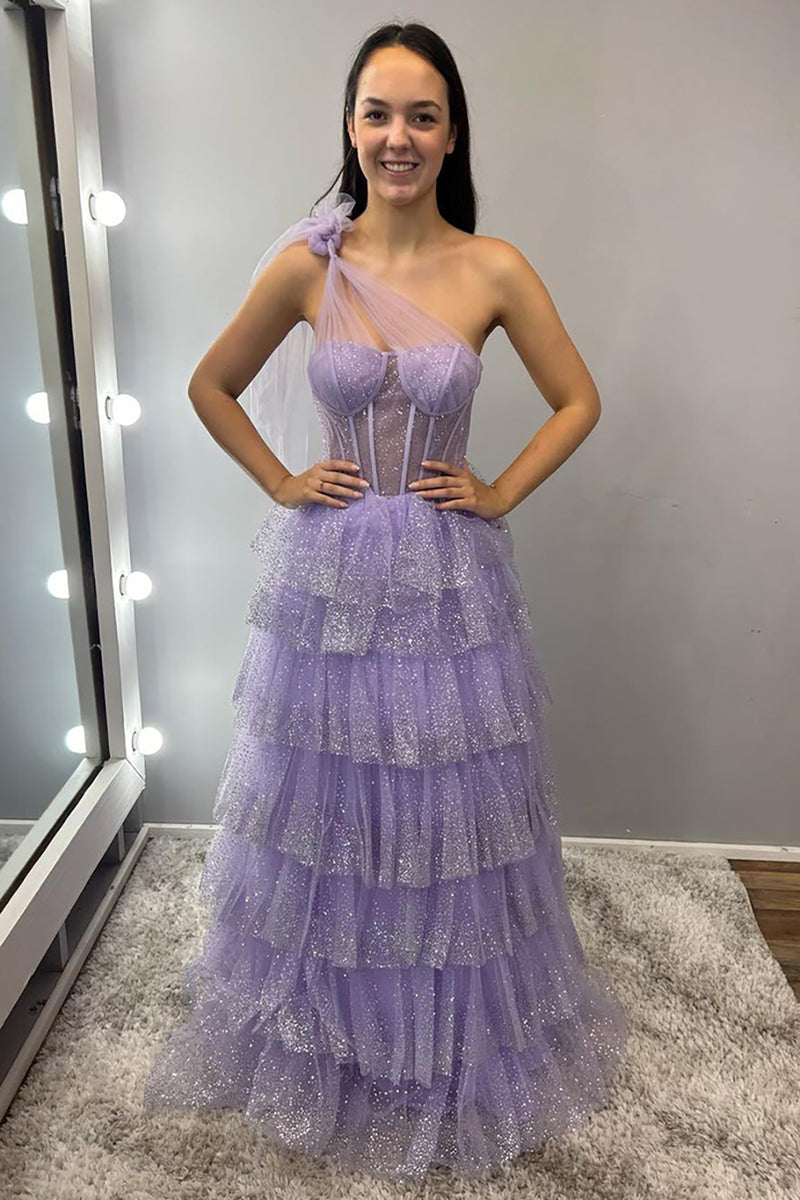 Load image into Gallery viewer, Sparkly Lilac A Line Tiered One Shoulder Long Corset Prom Dress