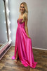 Load image into Gallery viewer, Sparkly Fuchsia Strapless A Line Satin Long Corset Prom Dress with Slit