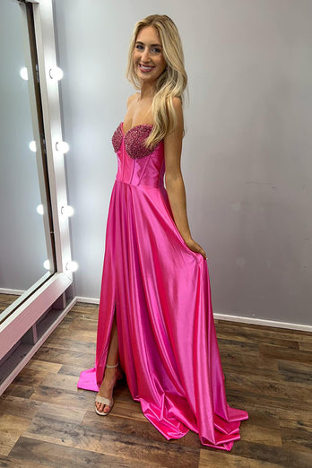 Sparkly Fuchsia Strapless A Line Satin Long Corset Prom Dress with Slit