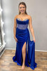 Load image into Gallery viewer, Sparkly Royal Blue Beaded Velvet Long Corset Prom Dress with Slit