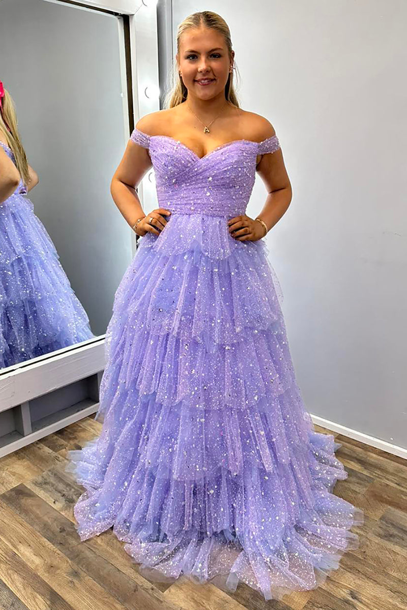 Load image into Gallery viewer, Sparkly Lilac Off the Shoulder Tiered Long Tulle Prom Dress