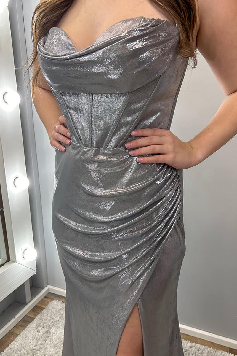 Load image into Gallery viewer, Sparkly Grey Mermaid Sweetheart Long Corset Prom Dress with Slit