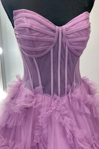 Taro Purple Ruffled A Line Strapless Long Corset Prom Dress