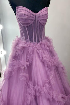 Taro Purple Ruffled A Line Strapless Long Corset Prom Dress