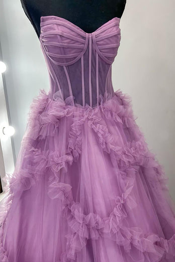 Taro Purple Ruffled A Line Strapless Long Corset Prom Dress