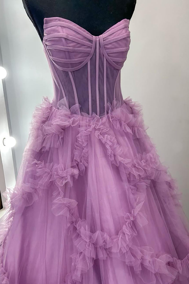 Load image into Gallery viewer, Taro Purple Ruffled A Line Strapless Long Corset Prom Dress