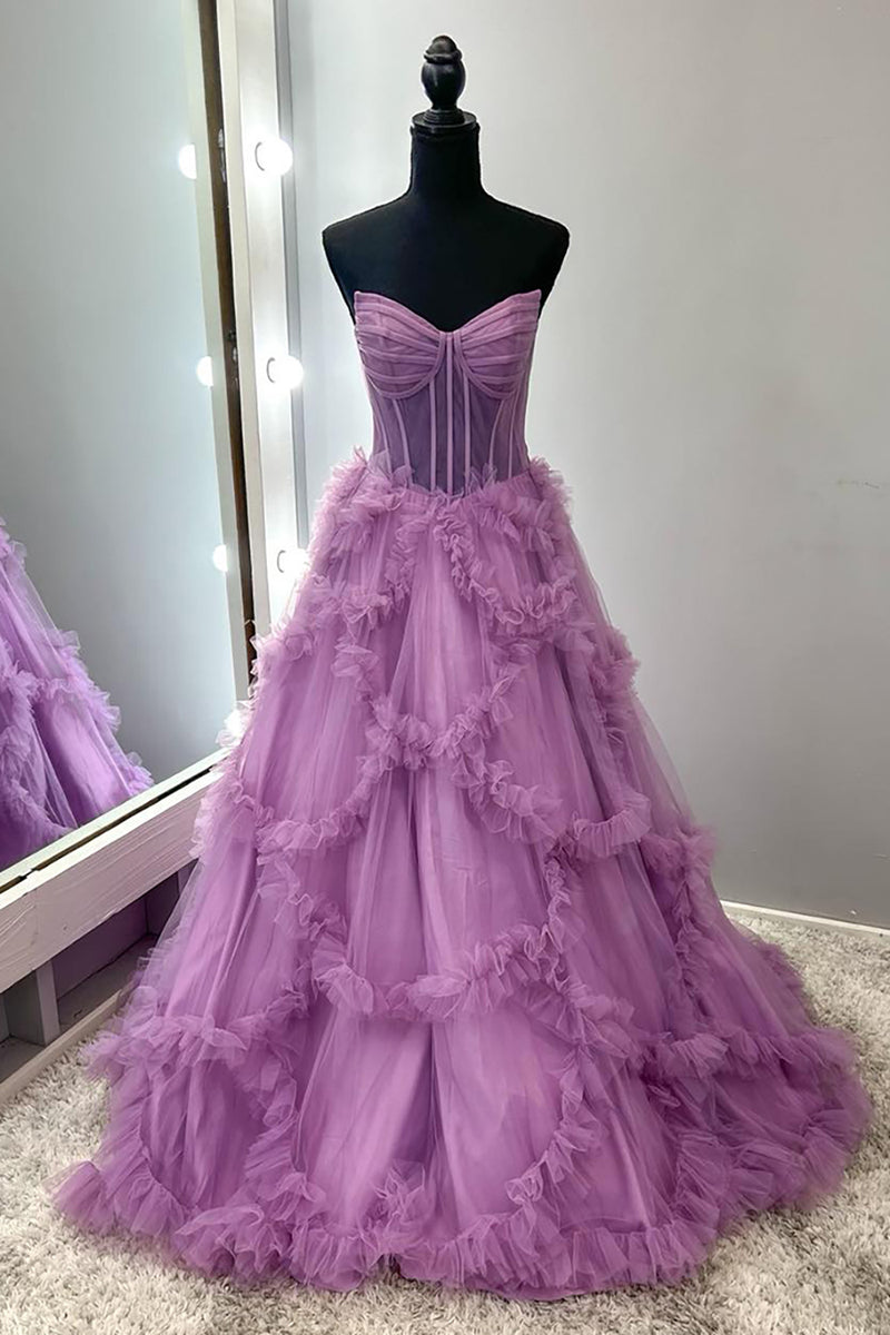 Load image into Gallery viewer, Taro Purple Ruffled A Line Strapless Long Corset Prom Dress