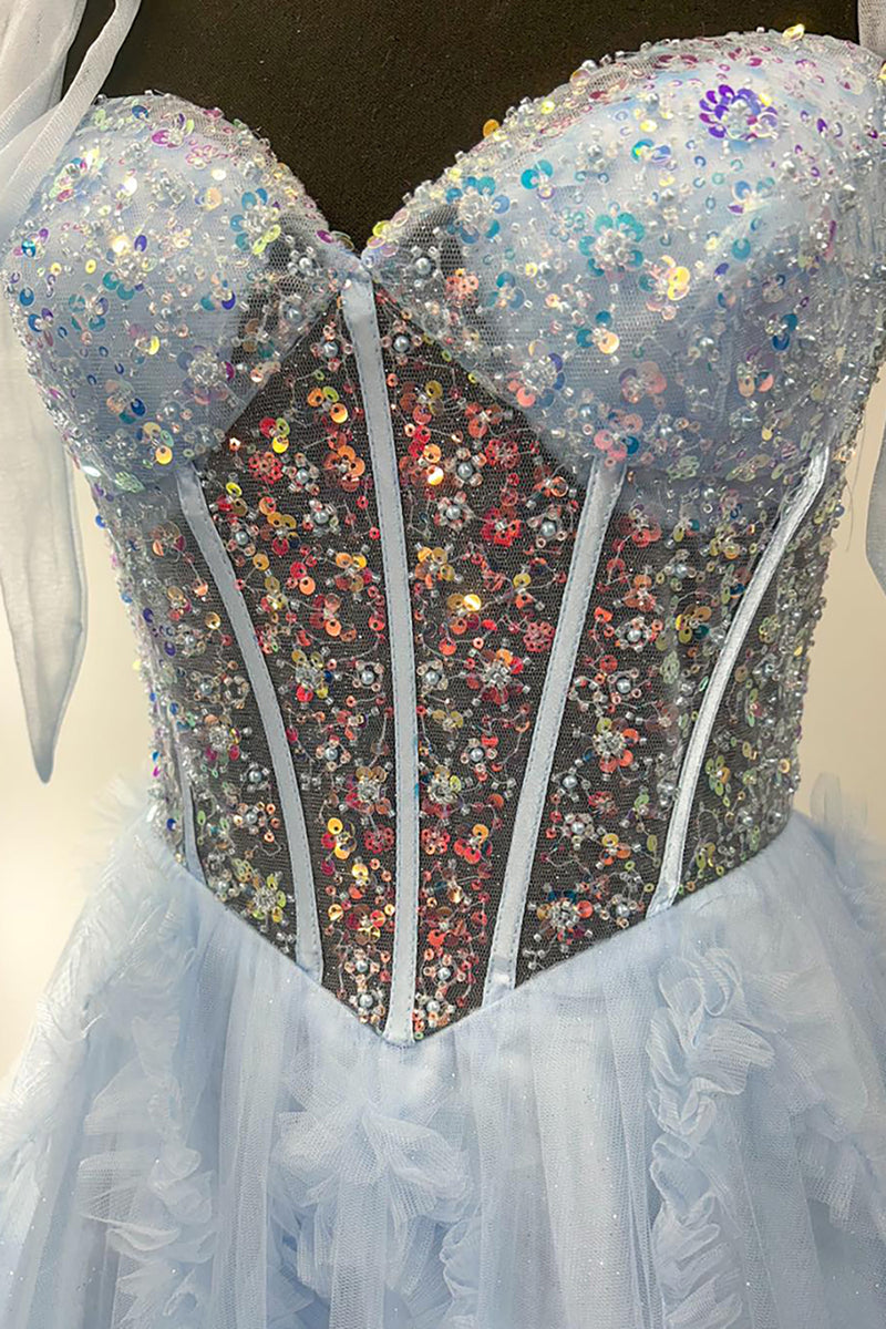 Load image into Gallery viewer, Sparkly Light Blue Ruffled Beaded Long Corset Prom Dress