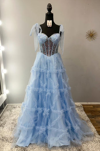 Sparkly Light Blue Ruffled Beaded Long Corset Prom Dress