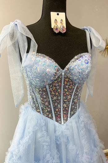 Sparkly Light Blue Ruffled Beaded Long Corset Prom Dress