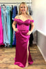 Load image into Gallery viewer, Fuchsia Off the Shoulder Satin Long Corset Prom Dress with Slit