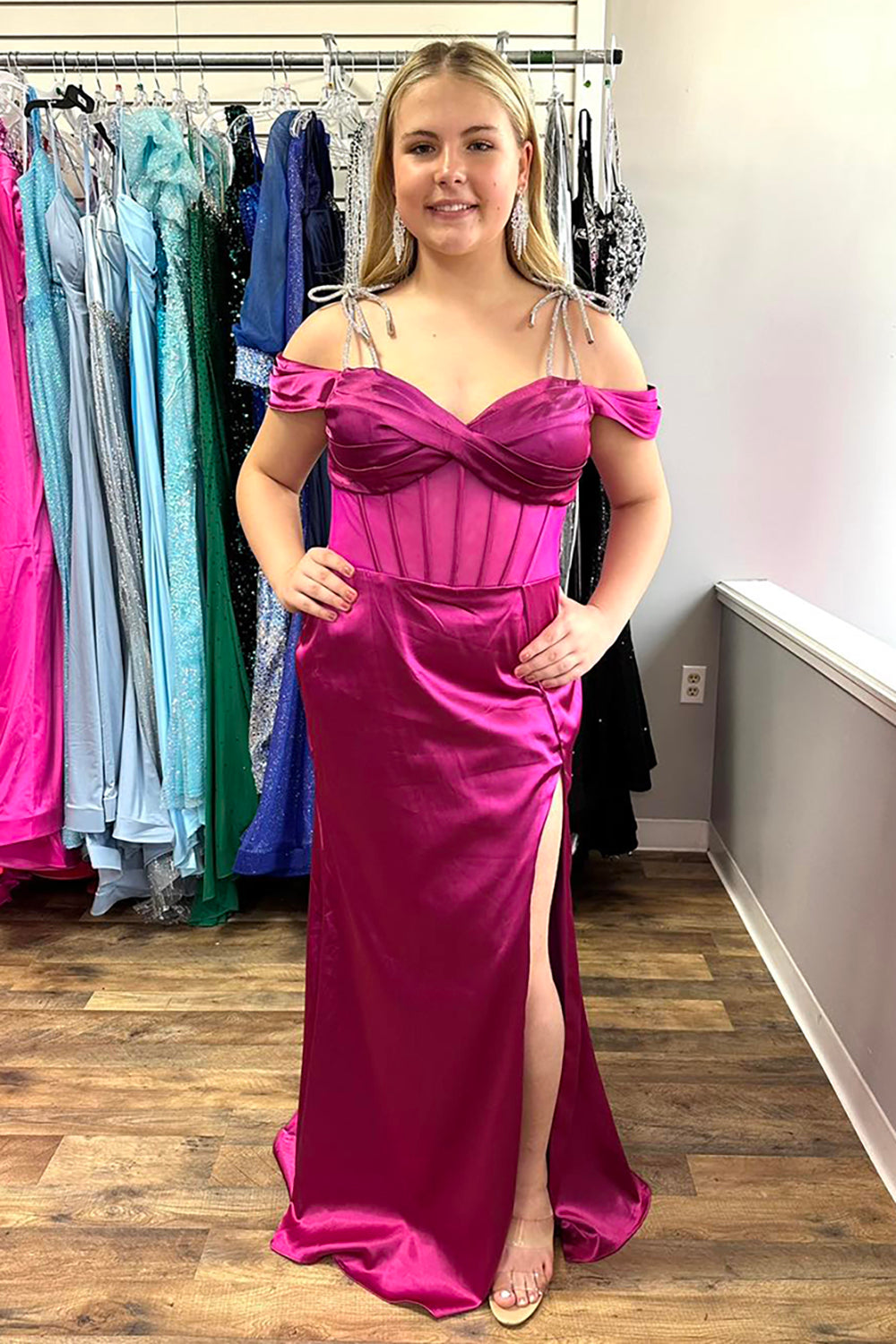 Fuchsia Off the Shoulder Satin Long Corset Prom Dress with Slit