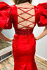 Load image into Gallery viewer, Sparkly Red V-Neck Puff Sleeves Long Beaded Prom Dress with Slit