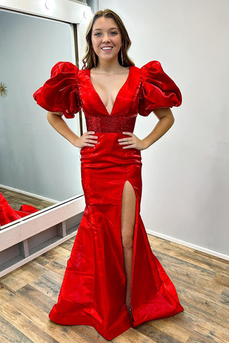 Sparkly Red V-Neck Puff Sleeves Long Beaded Prom Dress with Slit