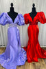 Load image into Gallery viewer, Sparkly Red V-Neck Puff Sleeves Long Beaded Prom Dress with Slit