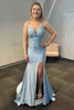 Load image into Gallery viewer, Sparkly Grey Blue Spaghetti Straps Long Beaded Prom Dress with Slit