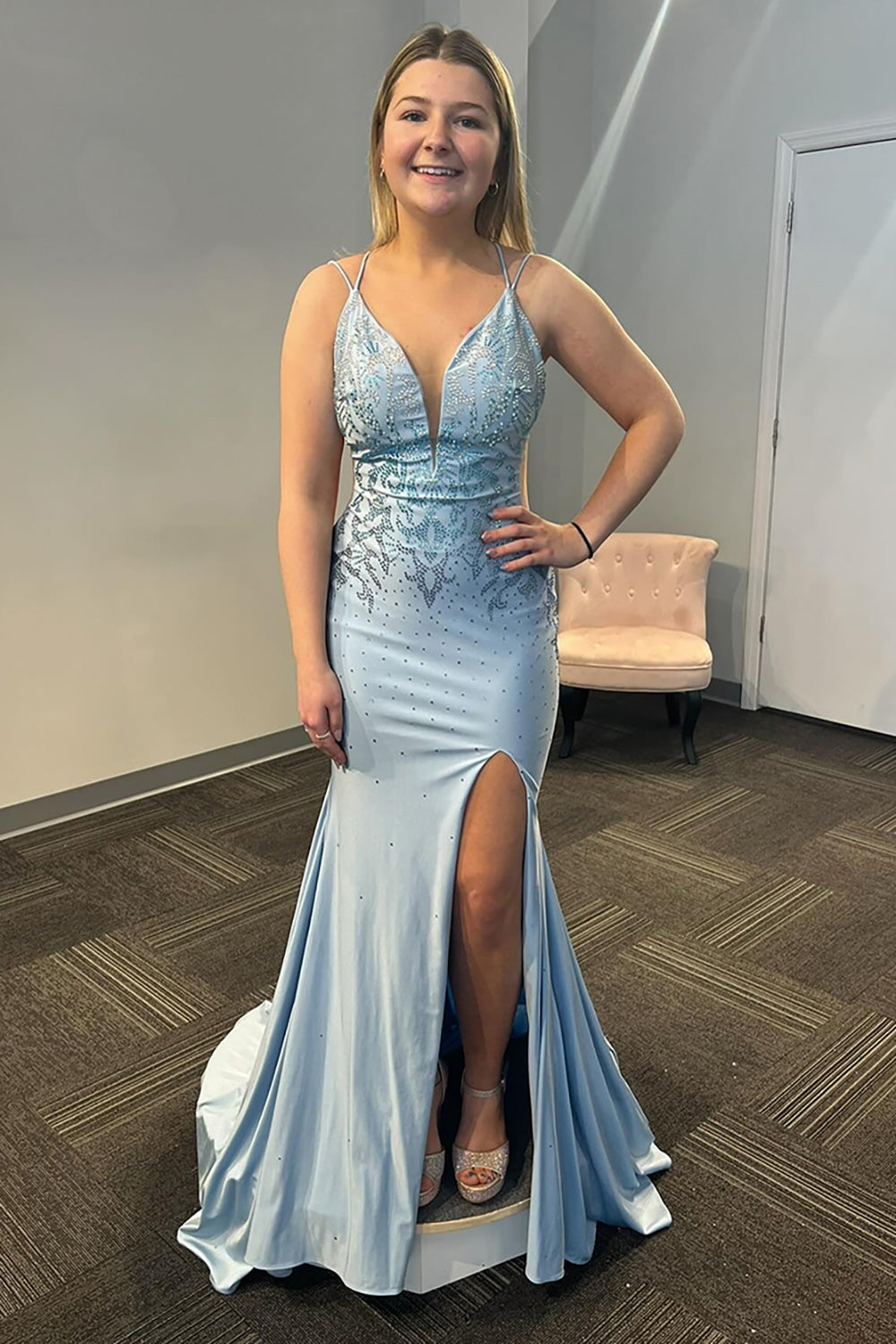 Sparkly Grey Blue Spaghetti Straps Long Beaded Prom Dress with Slit