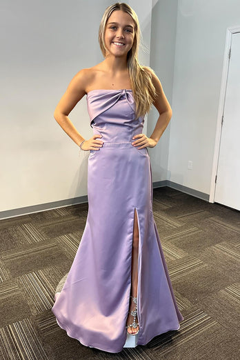 Lilac Mermaid Strapless Long Satin Prom Dress with Slit