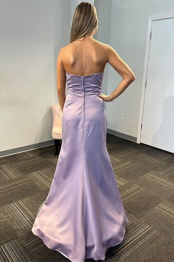 Lilac Mermaid Strapless Long Satin Prom Dress with Slit