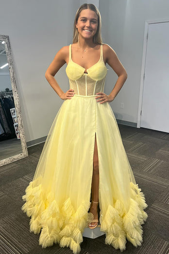 Sparkly Yellow Corset Spaghetti Straps Long Prom Dress with Slit