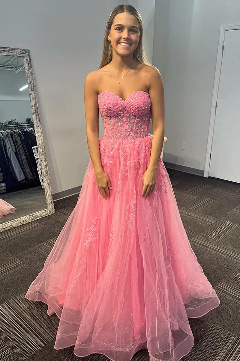 Load image into Gallery viewer, Sparkly Pink Sweetheart Tulle Long Corset Prom Dress with Appliques