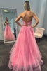 Load image into Gallery viewer, Sparkly Pink Sweetheart Tulle Long Corset Prom Dress with Appliques