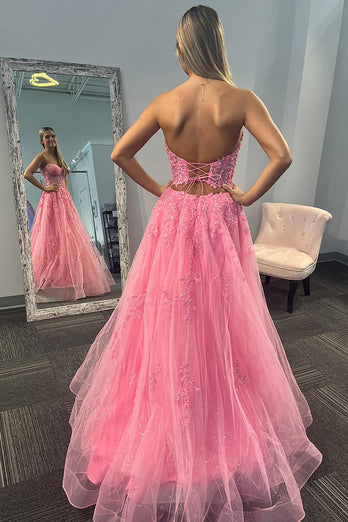 Sparkly Pink Sweetheart Tulle Long Corset Prom Dress with Appliques