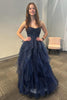 Load image into Gallery viewer, Sparkly Navy Strapless A Line Tiered Long Tulle Prom Dress