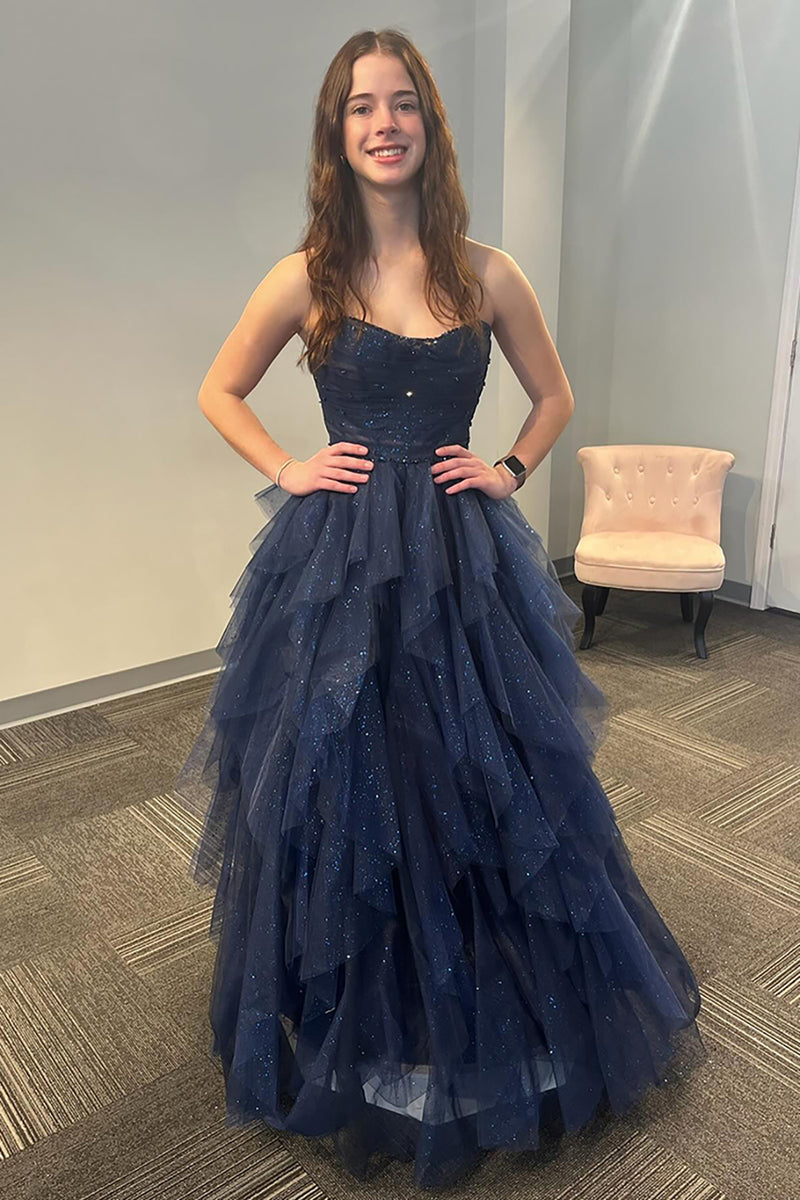 Load image into Gallery viewer, Sparkly Navy Strapless A Line Tiered Long Tulle Prom Dress