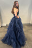 Load image into Gallery viewer, Sparkly Navy Strapless A Line Tiered Long Tulle Prom Dress