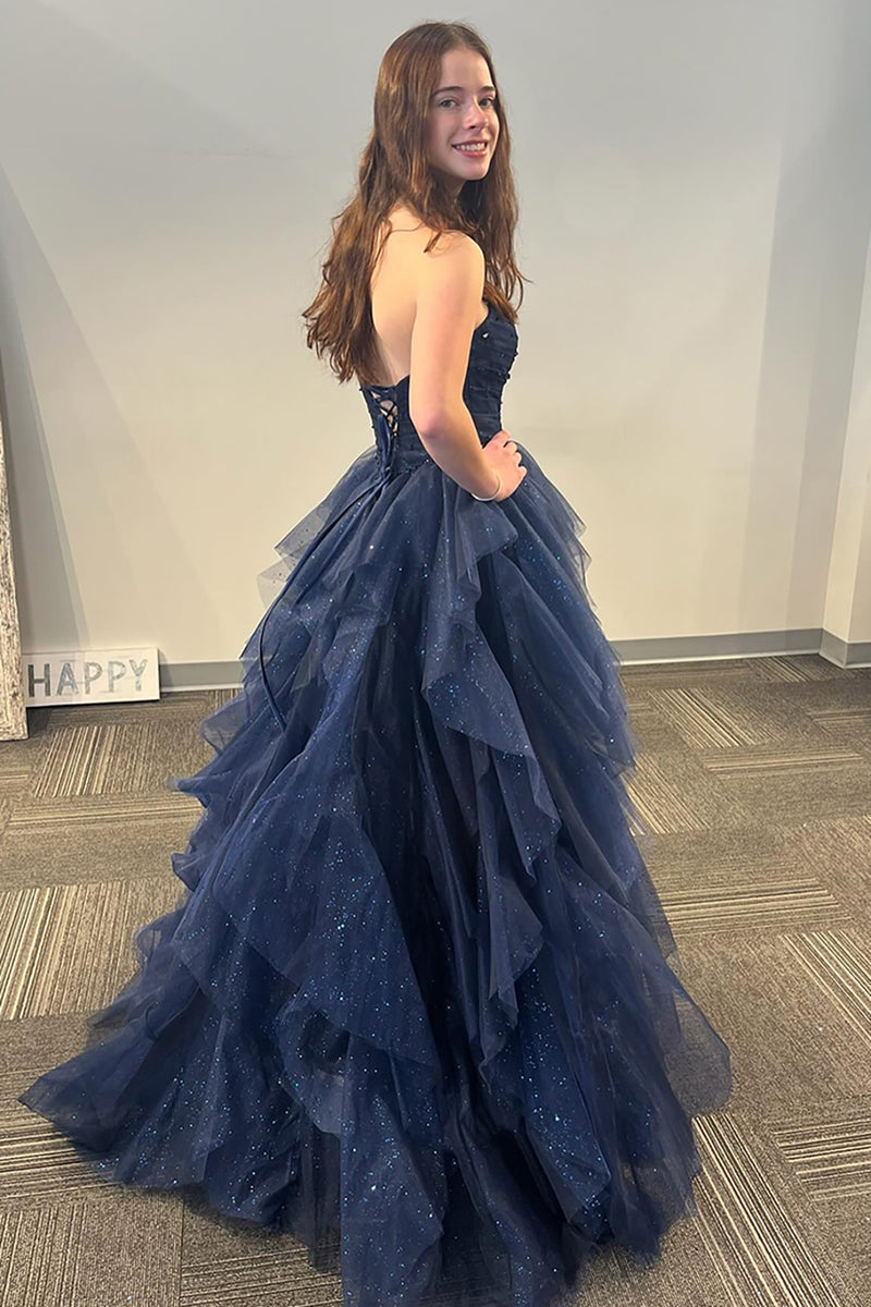 Load image into Gallery viewer, Sparkly Navy Strapless A Line Tiered Long Tulle Prom Dress