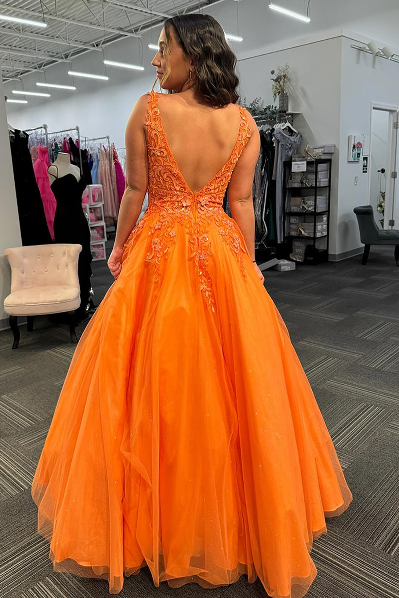 Load image into Gallery viewer, Sparkly Orange Floral Corset Long Tulle Prom Dress