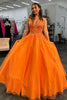 Load image into Gallery viewer, Sparkly Orange Floral Corset Long Tulle Prom Dress