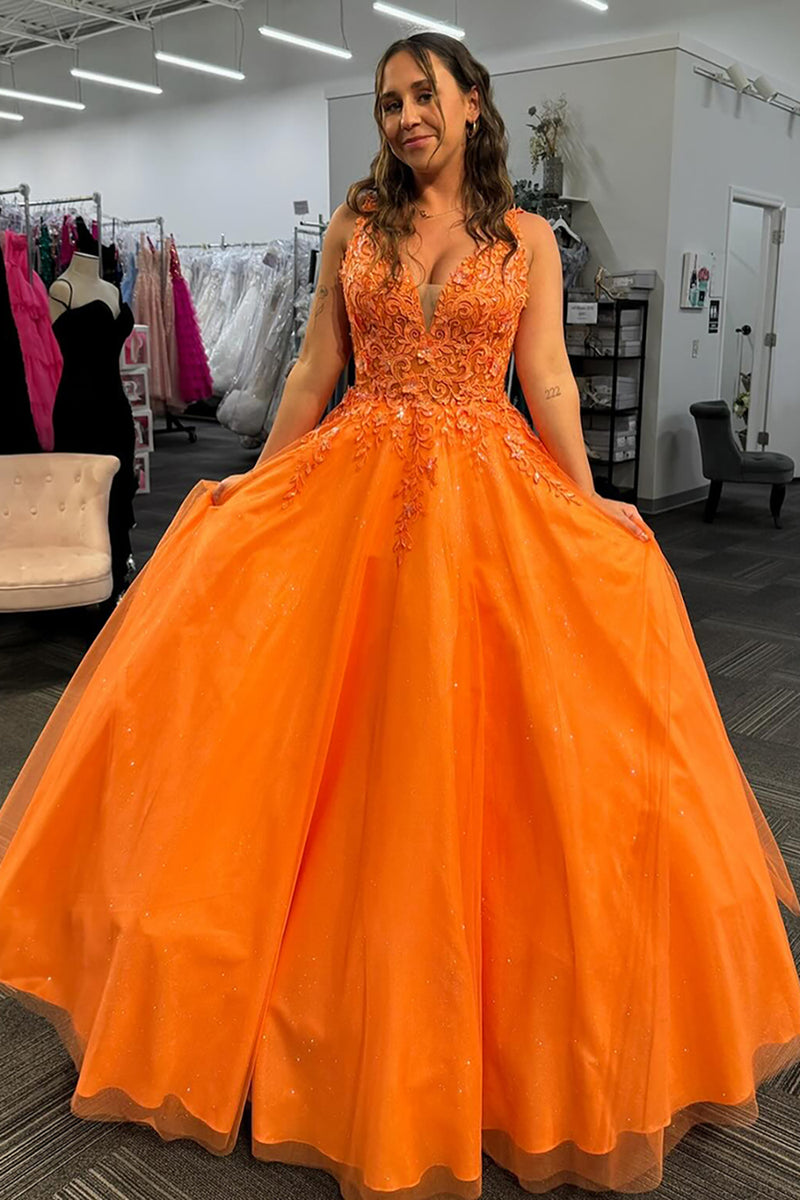 Load image into Gallery viewer, Sparkly Orange Floral Corset Long Tulle Prom Dress