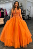 Load image into Gallery viewer, Sparkly Orange Floral Corset Long Tulle Prom Dress