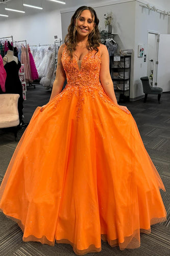 Sparkly Orange Floral Corset Long Tulle Prom Dress